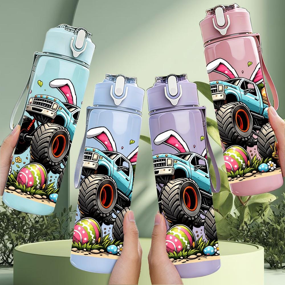 1PC Easter Bunny Monster Truck Print 750ml Color Plastic Sports Water Bottle Leakproof Flip Straw Lid Suitable for Sports Office Home Use