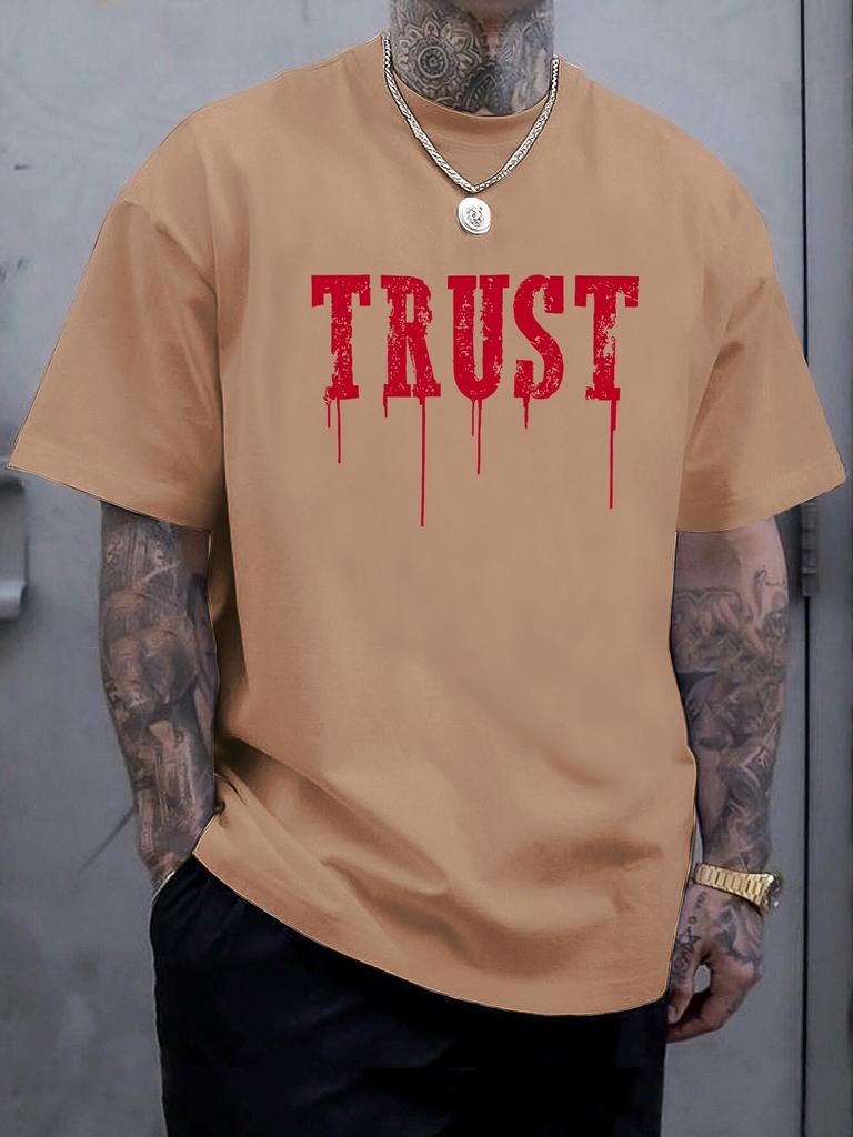 Men's Black "TRUST" Graphic T-Shirt - Casual Sporty Style, Short Sleeve Crew Neck, Distressed Red Print, Lightweight  Blend