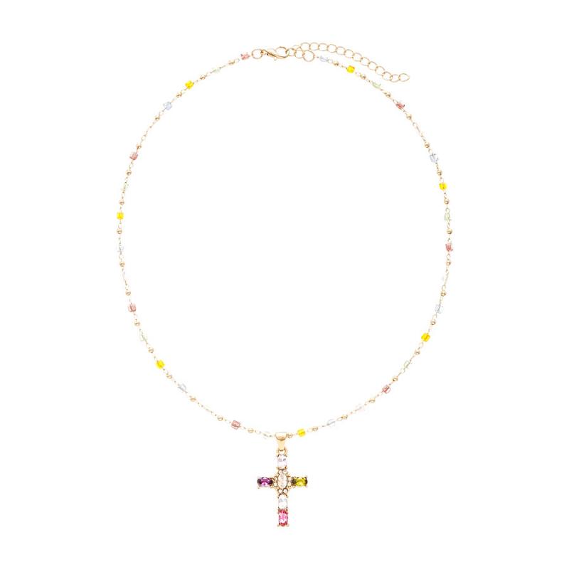 Y2K Colorful Zircon Cross Pendant Necklace for Women Fashion Candy Color Beads Crystal Chain Necklace Luxury Wedding Jewelry