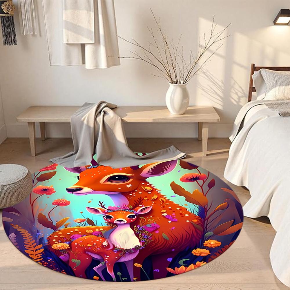 Elk Round Floor Mat Design for Dining Room Entryway Bedrooms Game Room Anti-slip Round Rug Decorate Offices Perfect Gift for Friends Family
