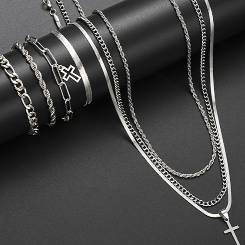 

7 Pcs Trendy Streetwear Cross Necklace Bracelet Sets Unisex Silver Color Fashion Jewelry Set For Everyday Party Wear Gifts 2026