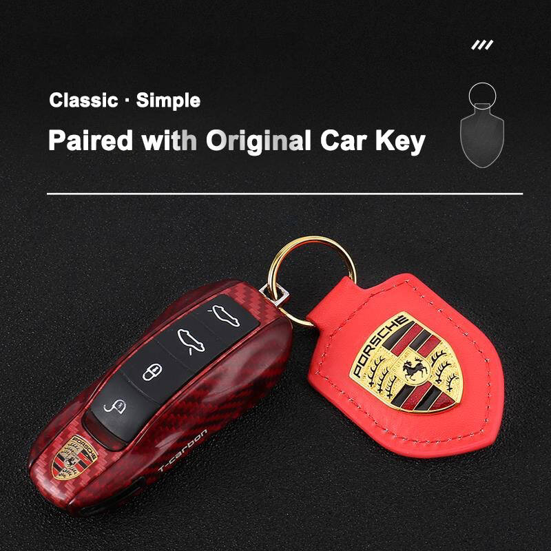 Leather Metal Car Keychain 3D Emblem Key Chain Ring For Porsche Macan 911 718 Taycan Panamera Cayenne Boxster Cayman Accessories