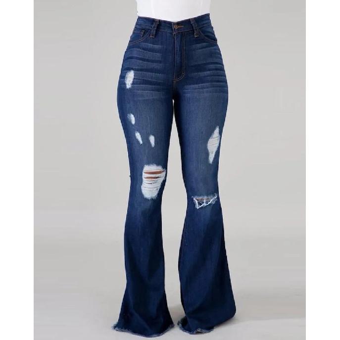 Stretch ripped women s jeans, high-waisted flared pants S темно-синий