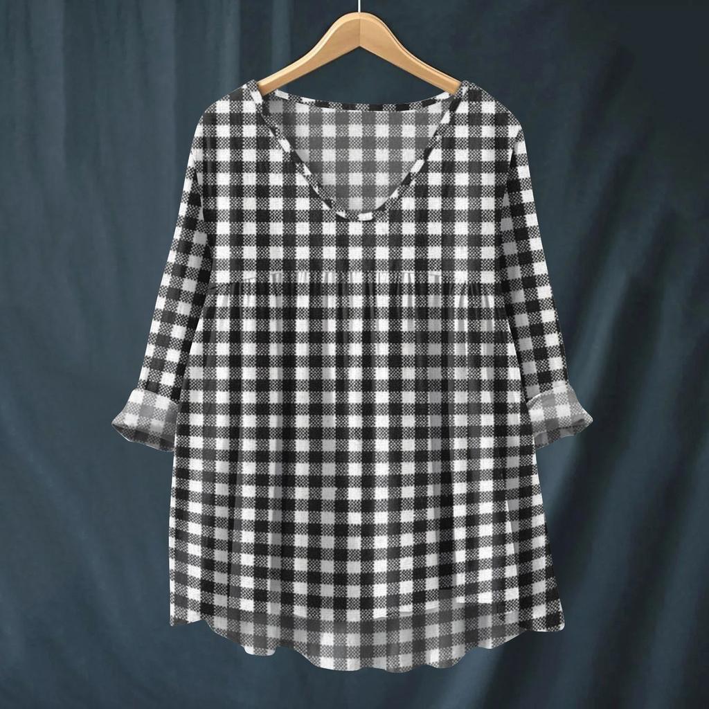Women's Fashionable And Casual Shirt Long-sleeved V-neck Print Cotton And Linen Blouse