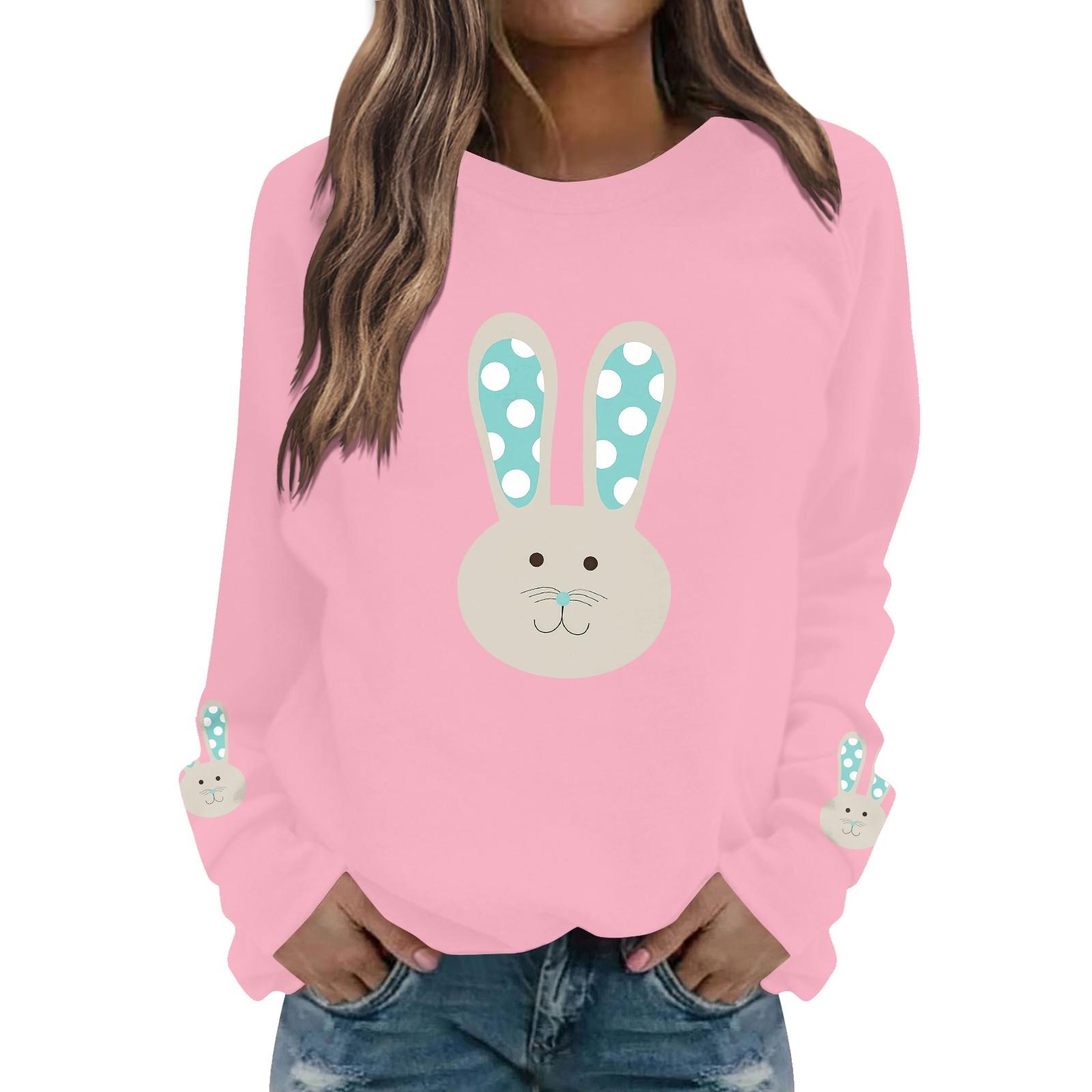 

Женская мода повседневная толстовка с длинным рукавом и круглым вырезом с принтом пасхального кролика XXL розовый