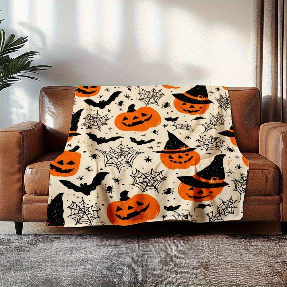 Halloween Blanket Soft Flannel Throw with Jack-O'-Lanterns, Witch Hats, Bats Orange/Black/Beige Spooky Decor Couch, Bed, Camping