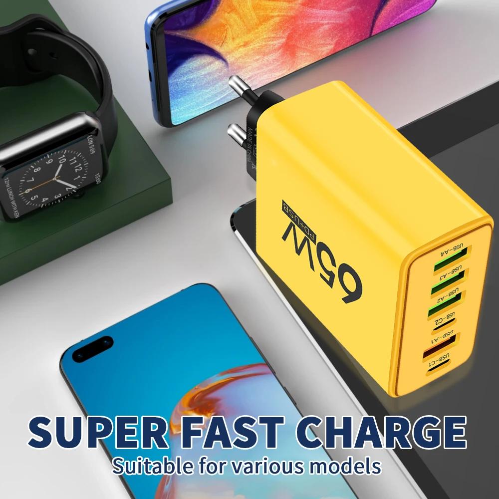 65W USB C Ladegerät 6 Ports Schnelles Lade-Wandladegerät für iPhone 15 14 Pro Max Samsung Galaxy S23 Xiaomi 14 Handy-Ladegerät