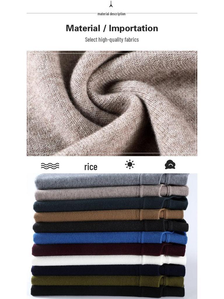 Men's 100% Cashmere Mid-Neck Black Sweater - Thickened Winter Base Layer