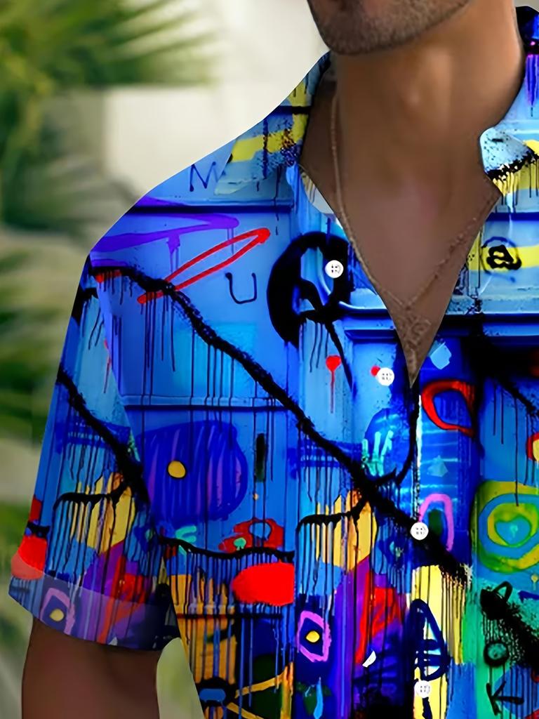 Camicia Hawaiana da Uomo Taglie Forti a Maniche Corte con Bottoni e Stampa Graffiti Astratta per le Vacanze, Taglia Grande