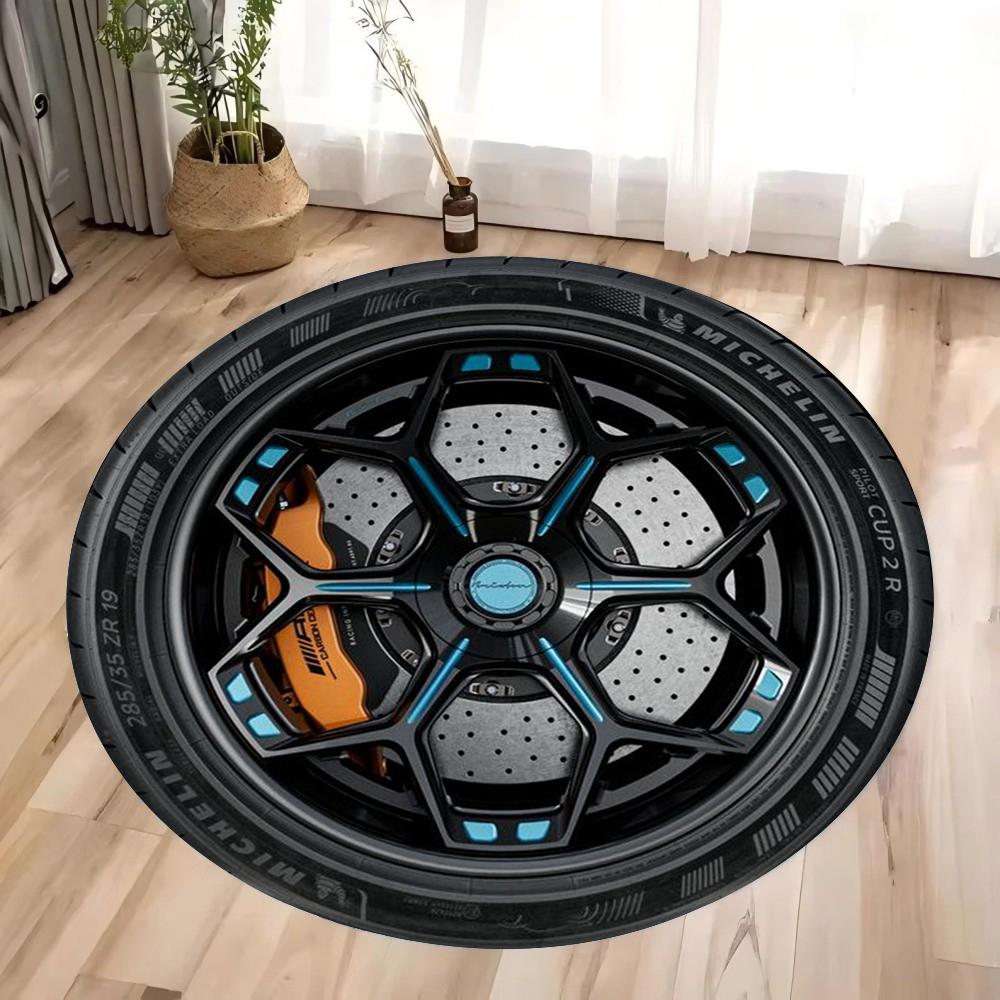 Autofelge Goldakzent Design Teppichmatte Anti-Rutsch Gummirückseite Teppich Metallisches Finish für Garage Heimdekoration Sportlicher Stil