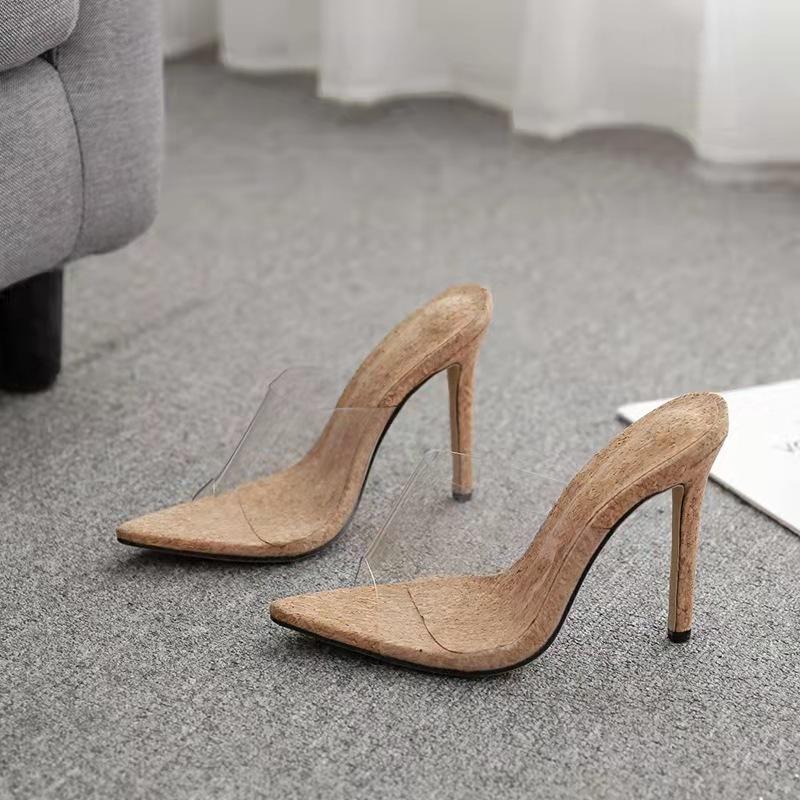 European and American foreign trade women's shoes fish mouth stiletto transparent high heels large size one-word cool slippers round head high heel s