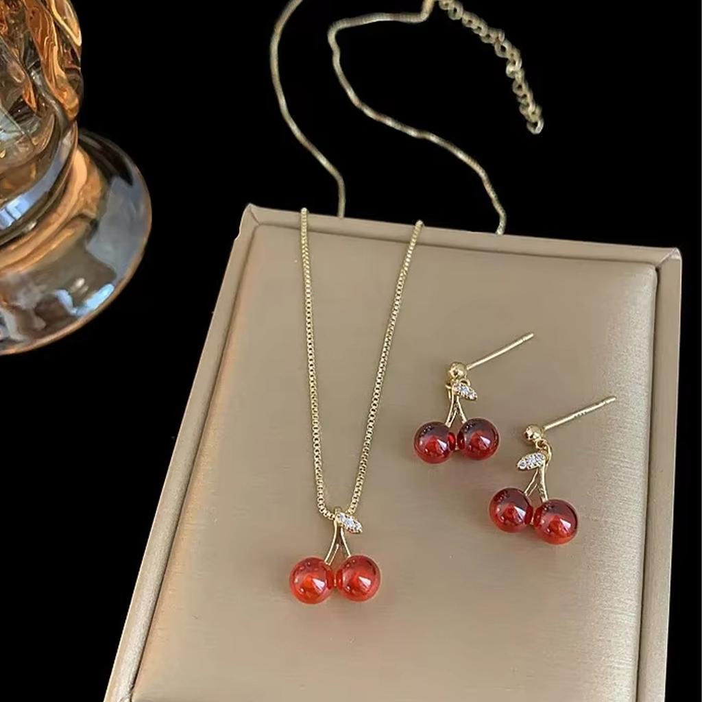 3PC Women's Fashion Red Cherry Necklace Earrings Zircon Set Suitable for Wedding, Party, Festival Gifts