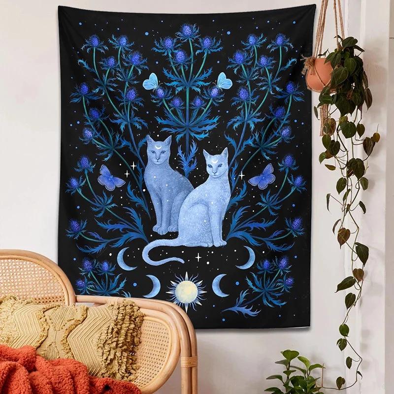 Moon Starry Sky Tapestry Flat Print Tarot Cat Moth Flower Pattern Aesthetic Wall Hanging for Bedroom Living Room Home Decor