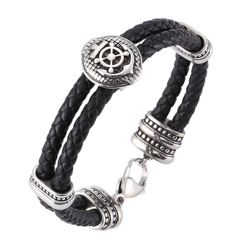 

Панк подлинный плетеный мужской кожаный браслет браслеты щит из нержавеющей стали застежка-карабин браслет ювелирные изделия подарки 205mm чёрный