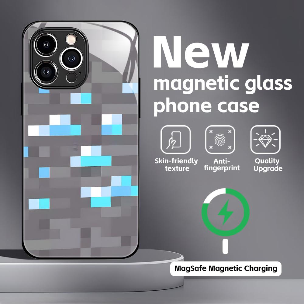 

Pixel Block Cartoon Game Phone Case For iPhone 16 15 14 13 12 11 X XR XS 8 Plus Mini Pro Max Glass Magnetic Case iPhone 12 mini
