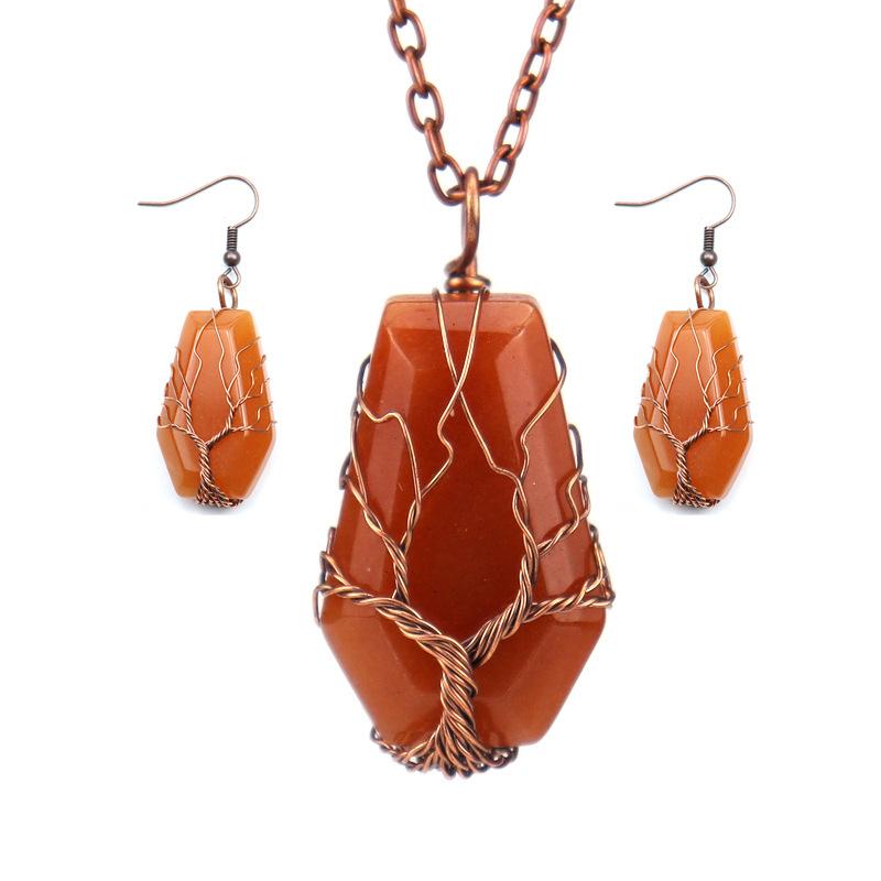 

Vintage Winding Natural Crystal Tiger Stone Hexahedron Tree Of Life Necklace Earrings Set N602