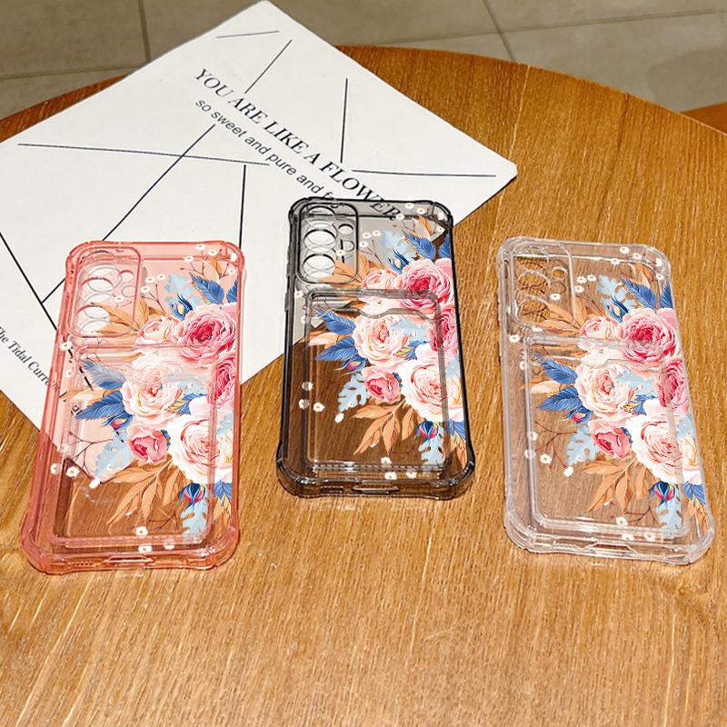 Husă transparentă cu suport pentru card, cu flori, din silicon moale, pentru telefon Samsung S25 S24 S22 Ultra S23 S21 S20 Fe A55 A54 A53 A35 A16 A15, husă de protecție împotriva șocurilor pentru lentilă