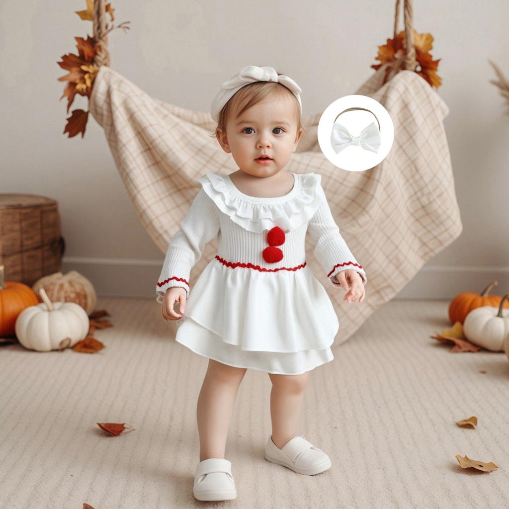 Baby Meisjes Romper met Lange Mouwen Patchwork Bontbal Poppenkraag Jumpsuits en Schattige Hoofdband Set voor Peuters
