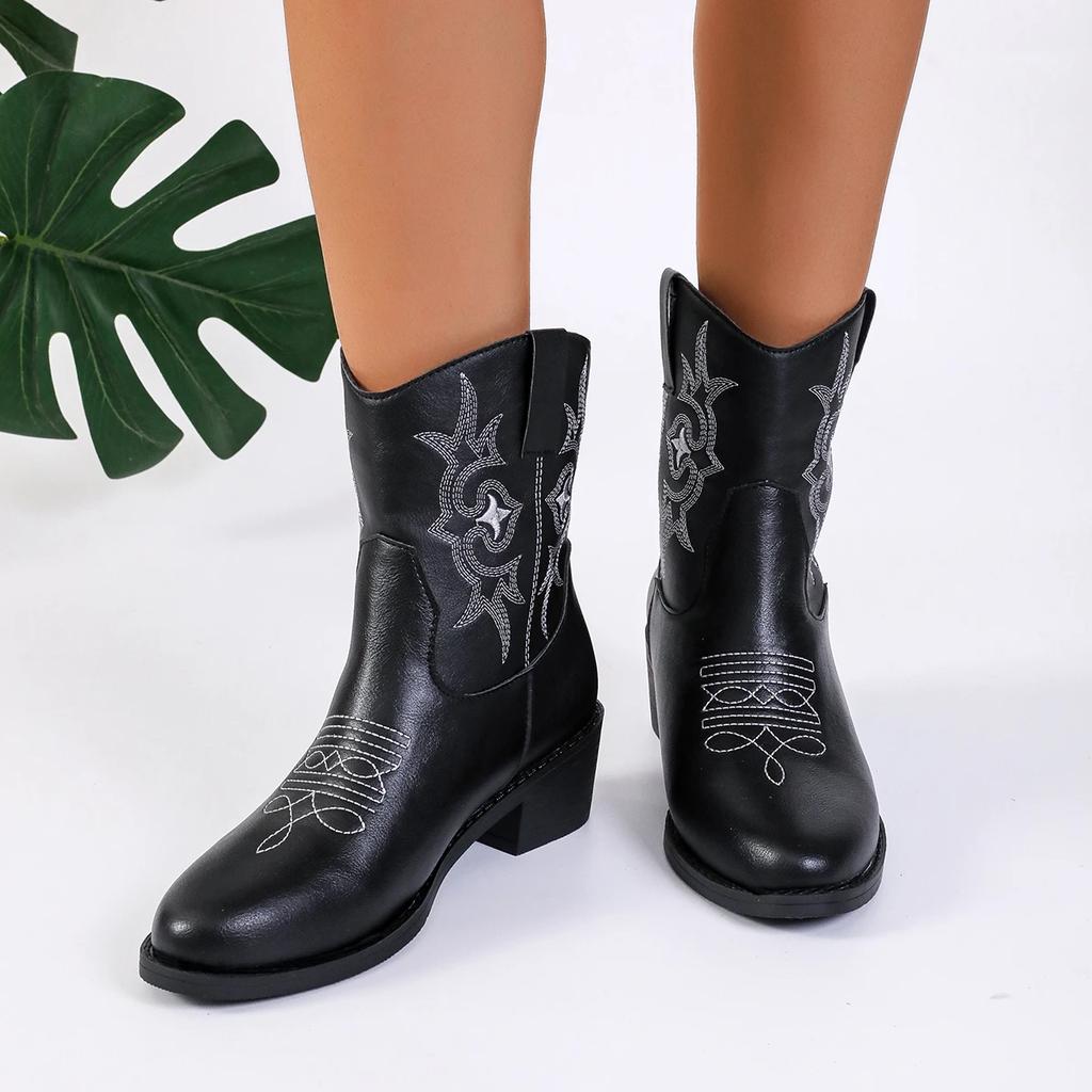 New Women Vintage Chunky Heels Western Cowboy Boots Block Heels Leather Ankle Boots Woman Autumn Winter Embroidered Knight Boots