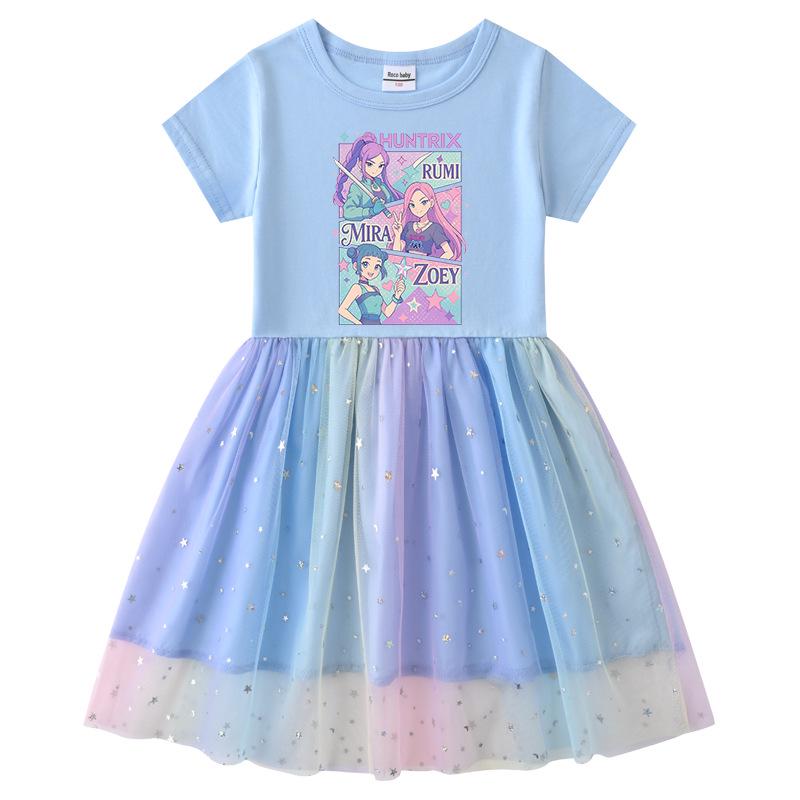 Korean Style Kpop Demon Slayer Mesh Princess Dress for Girls - Short/Long Sleeve Options