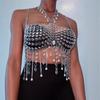 Silver Rhinestone Chain Tassel Halter Crop Top