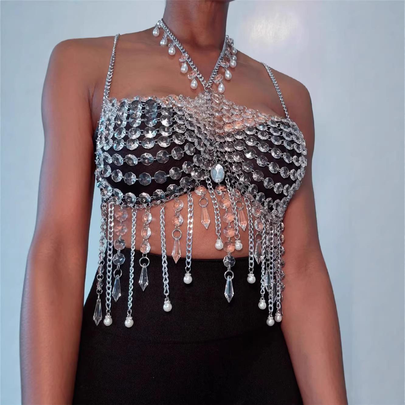 Silver Rhinestone Chain Tassel Halter Crop Top OneSize серебряный