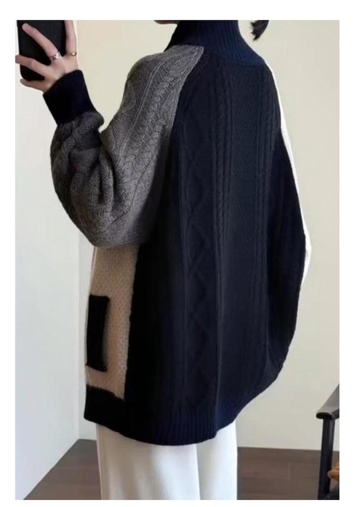 European Style Women's Color Block High Neck Wool Cardigan - Autumn/Winter Loose Fit Sweater Coat