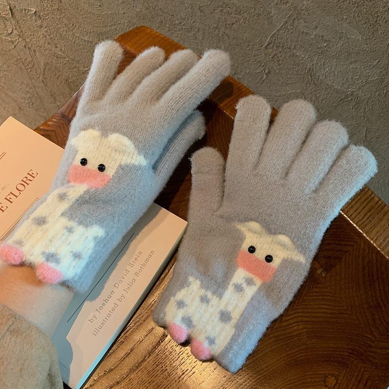 Cartoon Thermal Gloves Women Winter Thickened Cute Couple Student Cold Knitted Wool Riding Five Fingers