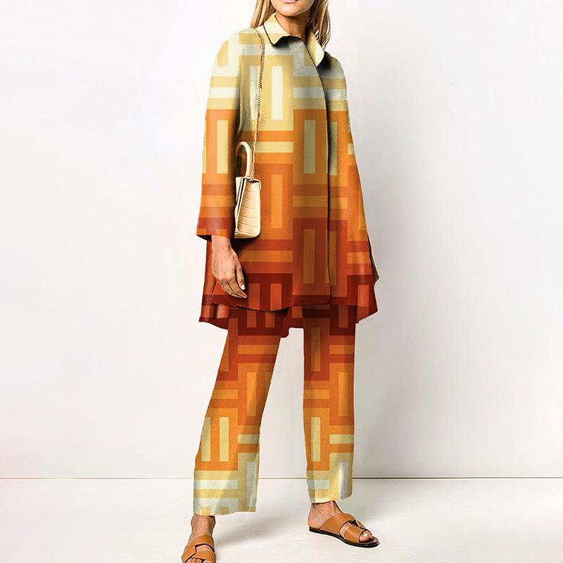 Grünes geometrisches Print Damenhemd und Wide Leg Hosen Kombinationsset