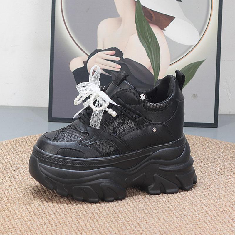 Fashion 11CM  Air Mesh Microfiber Leather High Brand Comfy Chunky Sneaker Lace Up Shoes Sandals Women Platform Wedge Fashion Summer