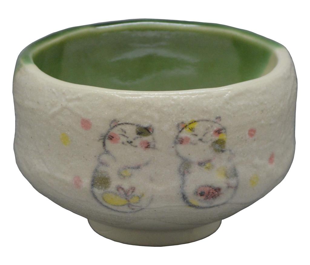 Yutakagama Matcha Diameter x Height 6 Small Tea Cat Design Bowl, White, Size 9.6 cm, Bowl,