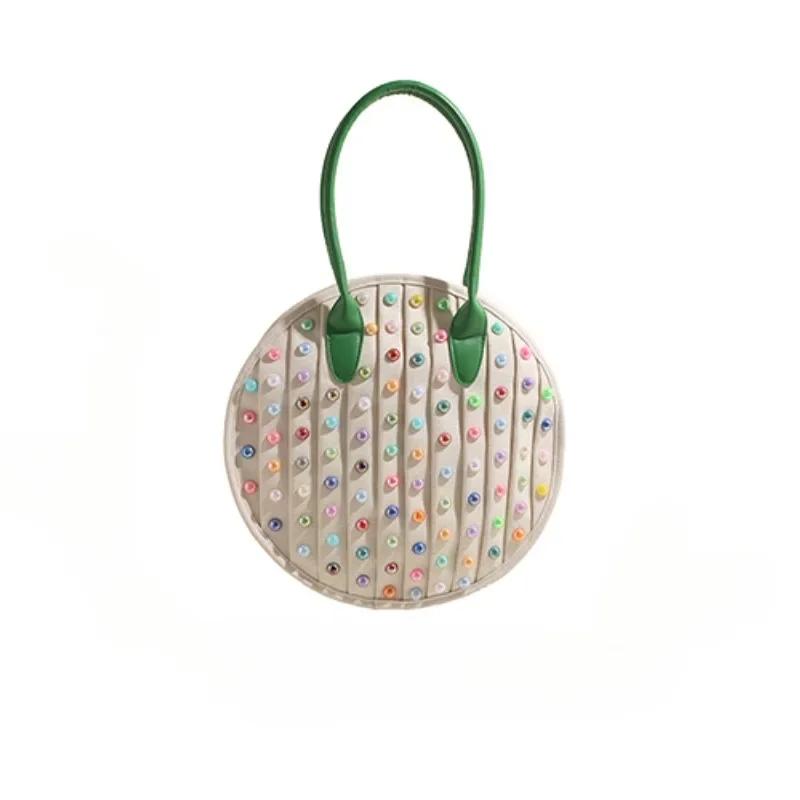 Colorful Rivet Canvas Circular Shoulder Bag Large Capacity Unique Design Casual Tote Bag for Women Fashion 4 New Style