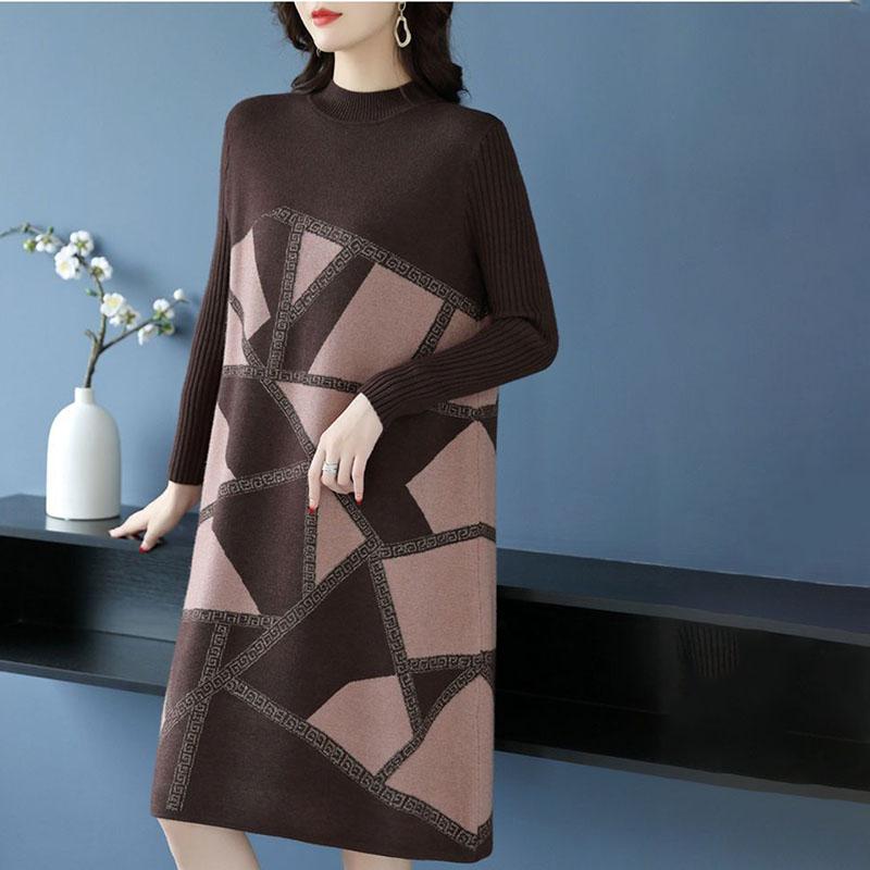Autumn Winter Women's Plus Size Sweater Dress Loose Pullover Color-Block Knit Midi Dress Thick A-line Sweater Dress