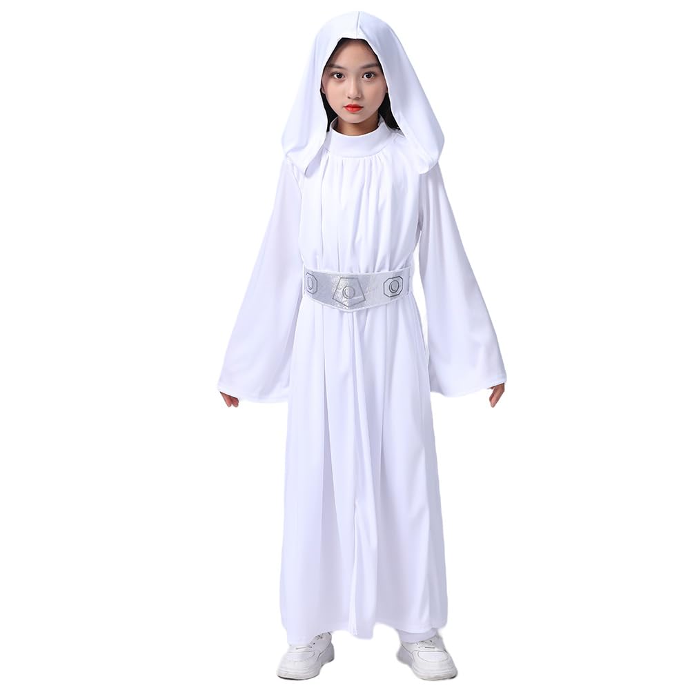[SCLYX] Star Wars Princess Leia Cosplay 2-Piece Set: Leia One-Piece Dress (Long) with Belt, White. Perfect for Leia cosplay, Leia costume, Leia fancy