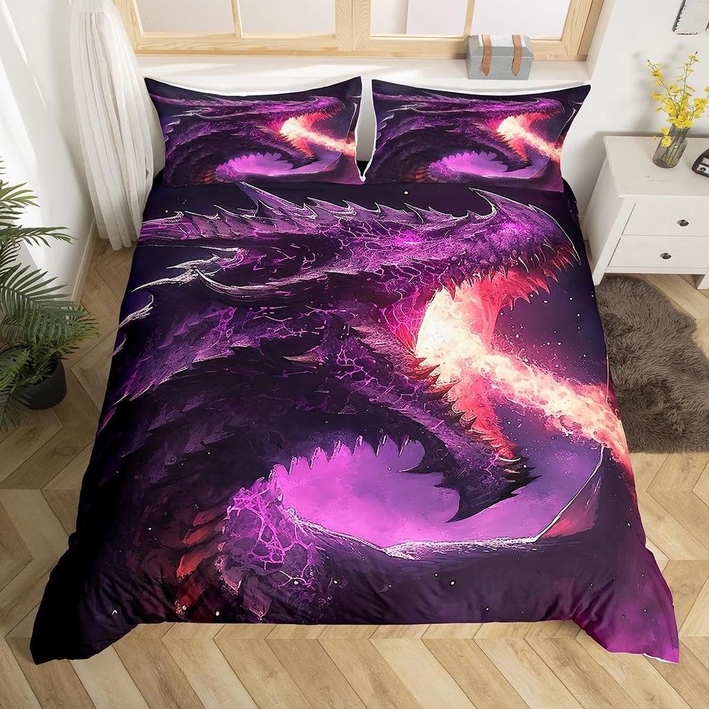 Fire Dragon Duvet Covers For Kids Teens Queen King Size Lightweight Quilt Covers Mythical Animals Pattern Bedding Set Room Decor