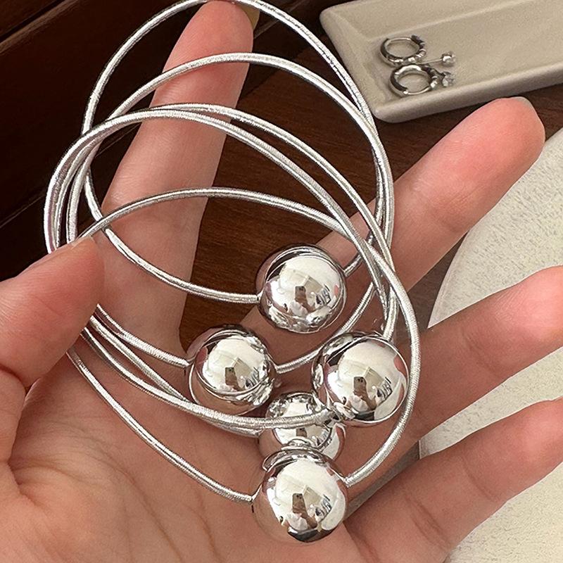 Korean Silver Color Rose Flower High Elastic Rubber Band Large Round Bead Hair Rope for Women Tie Hair Accessory Jewelry Gifts