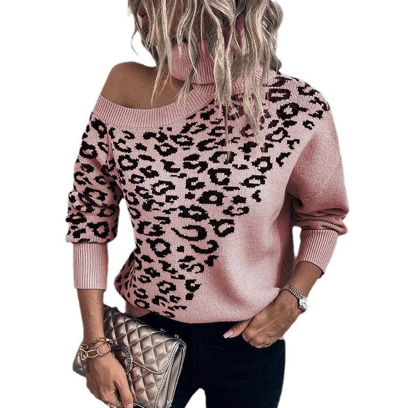 Lapel leopard print European and American sweater for women autumn and winter new sexy off-shoulder sweater