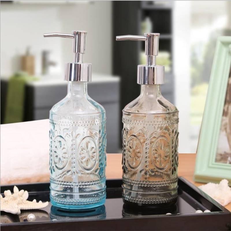 Stylish Blue And Gray Glass Soap Dispenser 420ml Square Bottle For Lotion And Liquid Soap