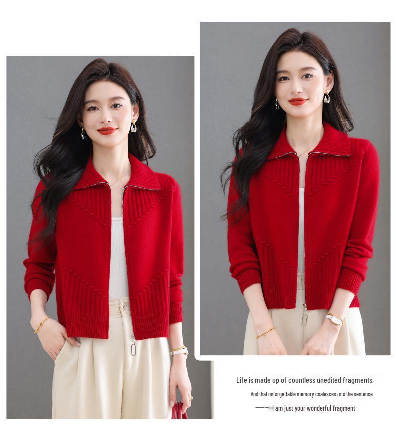 Damen Schlankmachende Mode Revers Reißverschluss Strickjacke Jacke, Kurzer Langarm Pullover Mantel für Herbst/Winter 2025