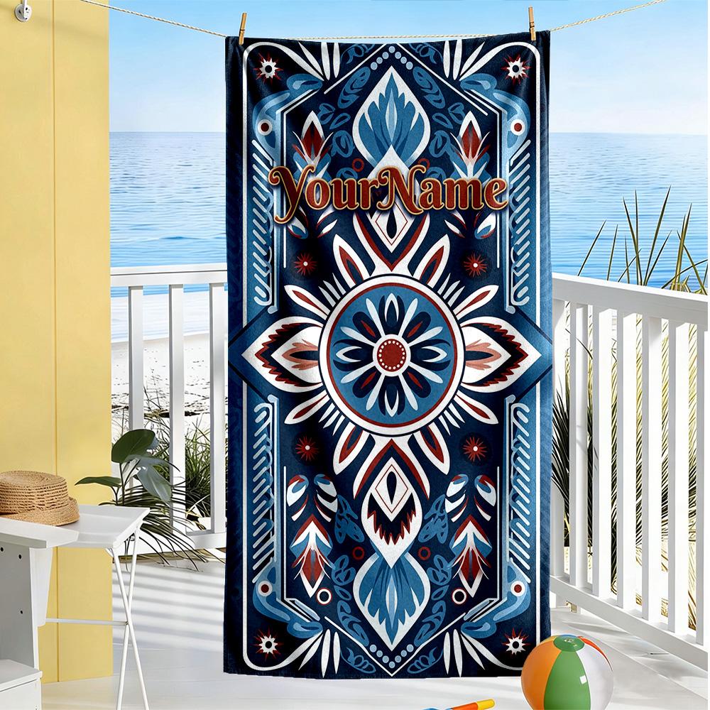 Ethnic Tribal Patterns Customize Text Beach Towel Super Soft Microfiber Quickdry Fabric Perfect for Traveling Yoga Camping and Swimming