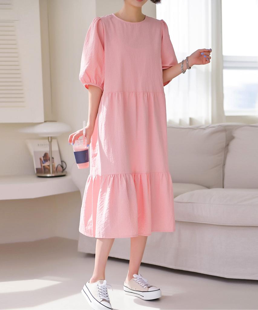 Ppaeppae Small Check Puff Sleeve Tiered Long Dress
