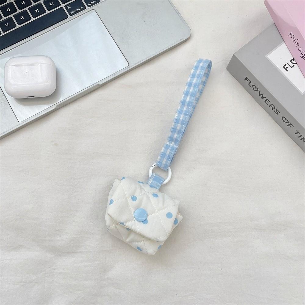 

Fashion Quilted Earphone Storage Bag Dots Snap Button Coin Purse Checkered Strap Key Card Holder for Women Girls