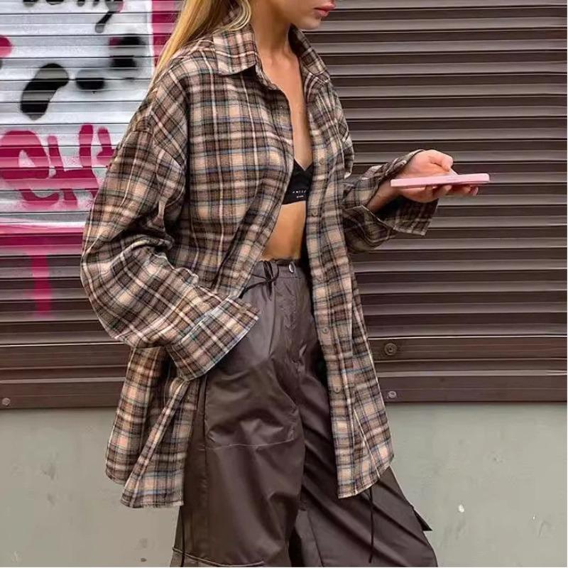 Spring New Retro Plaid Shirt Women s Long Design Fashionable Loose Top S хаки