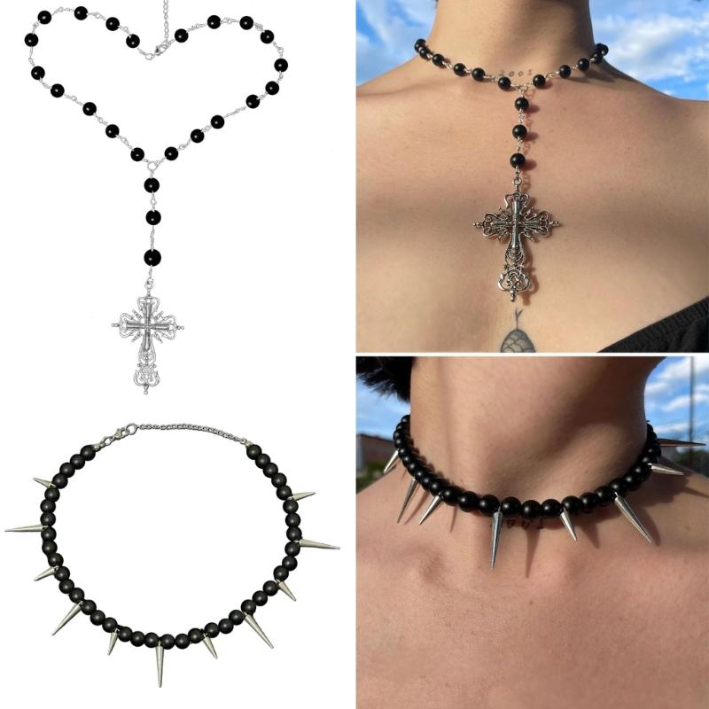 Gothic Black Pearl Cross Jesus Pendant Choker Prayer Beads Rosary Necklace for Women Punk Vintage Chain 2026 Neck Jewelry New