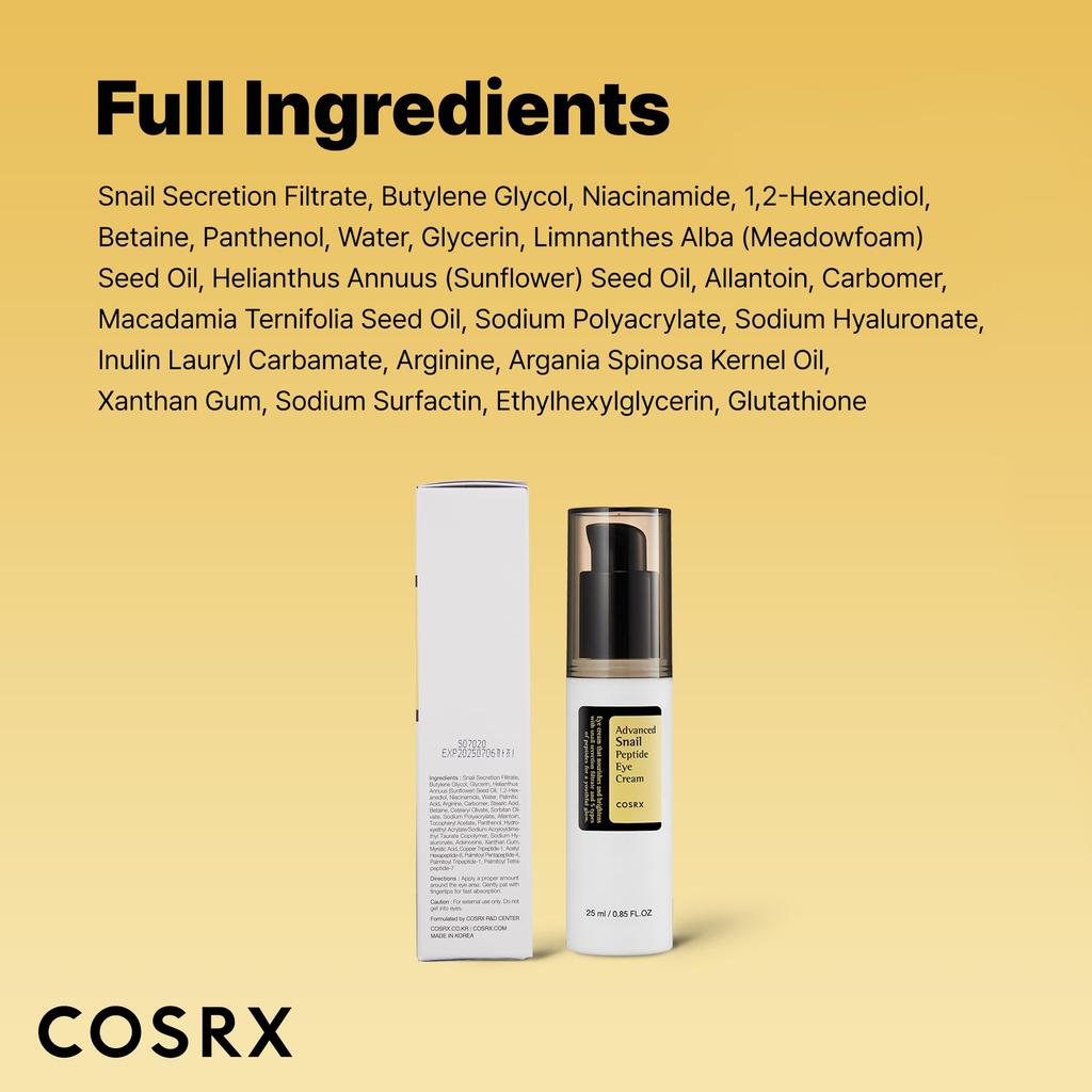 COSRX Snail Peptide Eye a formula containing snail mucus moisturizes and hydrates the reduces and contains 5 ppm and suitable for dry skin and all