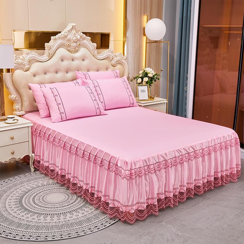 3pcs Embroidery Lace Skirt Style Fitted Sheet Set, All Seasons Universal Elastic Non-slip Bedding Set, Skin-friendly Soft Comfortable Fitted Sheet Set