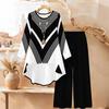 Marble Print Two Piece Outfit Women Long Sleeve Irregular Hem Tunic Top Wide Leg Pants Casual Matching Set