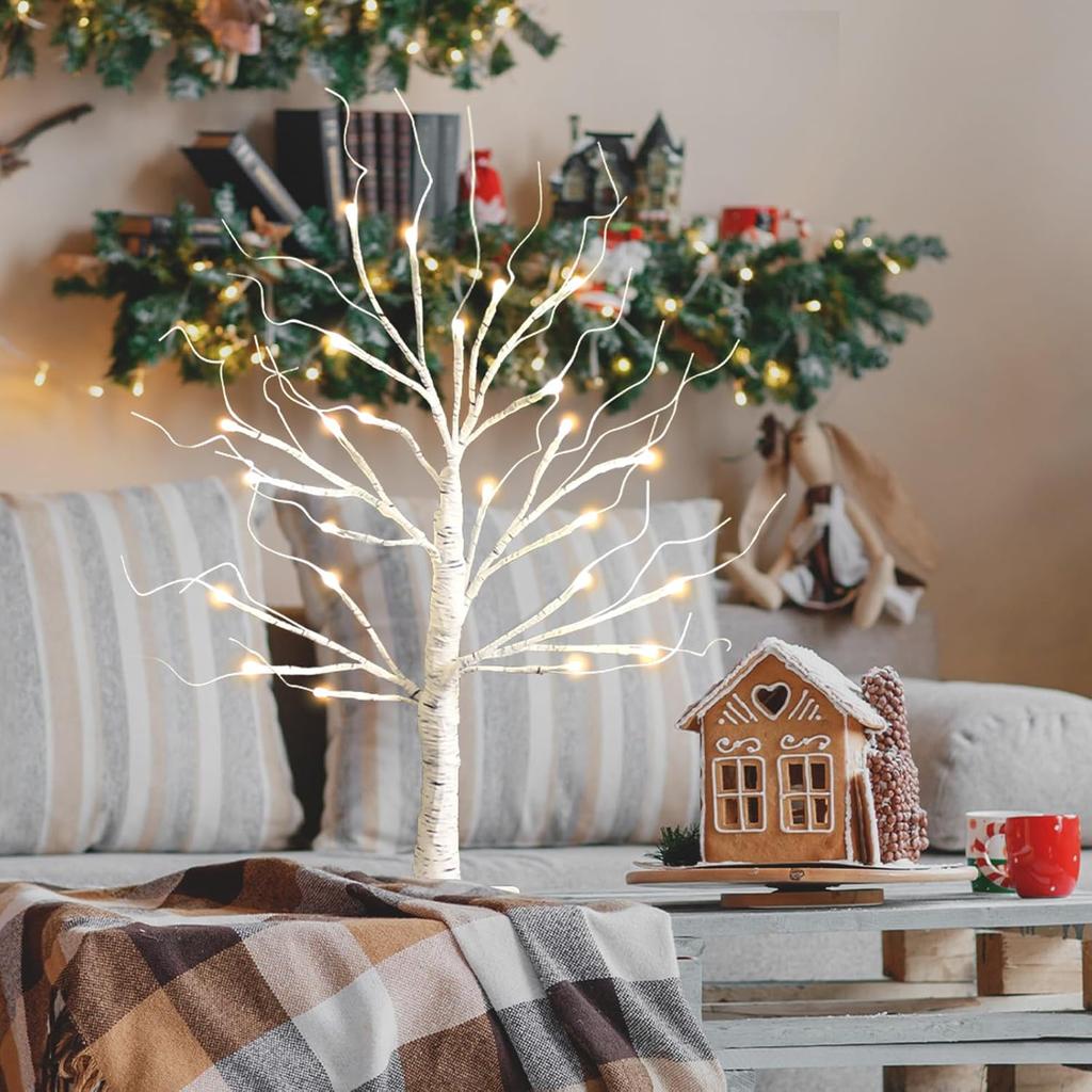 White Birch Tree with LED Lights, Lighted Birch Tree for Tabletop, USB/Battery Operated 24 LED Warm White Tree, 2FT Mini Christmas Tree Decor for