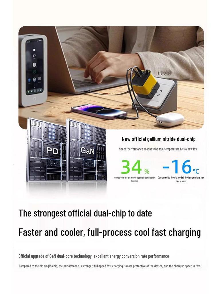 Galliumnitrid Schnellladegerät mit 8 cm einziehbarem Kabel für Apple-, Huawei- und Android-Geräte