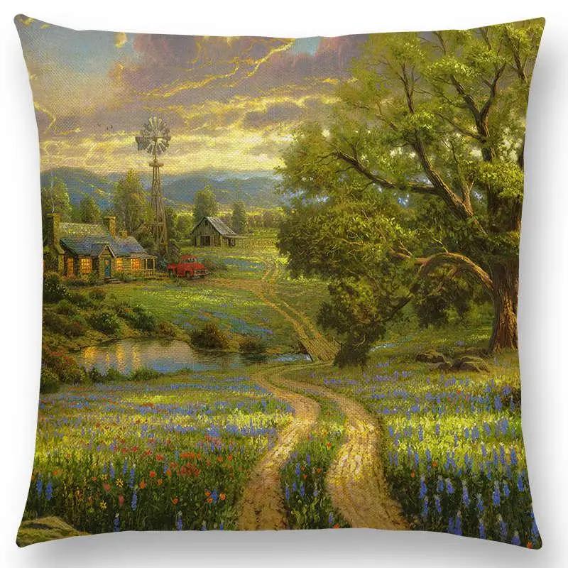 Newest American Countryside Oil Painting Cushion Cover Beautiful Scenery The Castle Lighthouse Sofa Throw Pillowcase